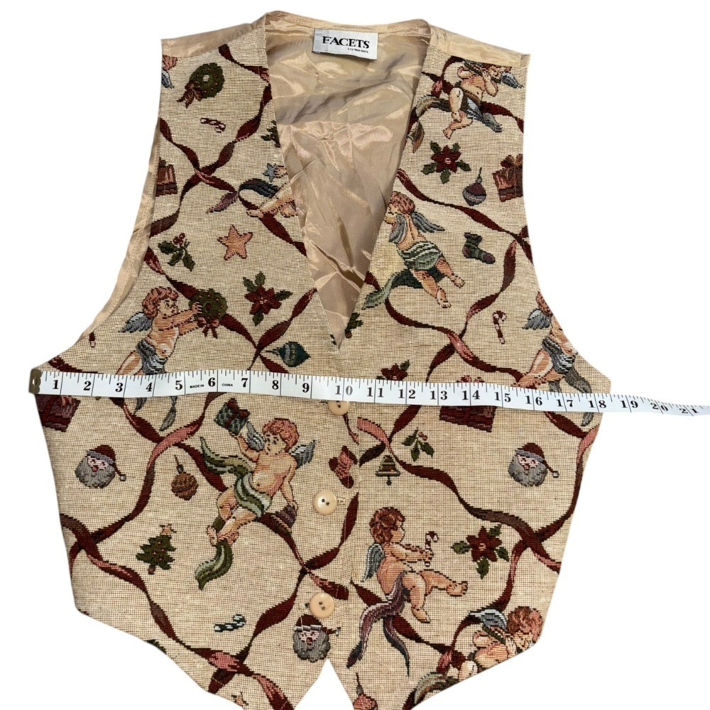 Vintage Facets Cherub Santa Christmas Holiday Vest Tan Women’s M Tree 90’a Y2K - Picture 11 of 15